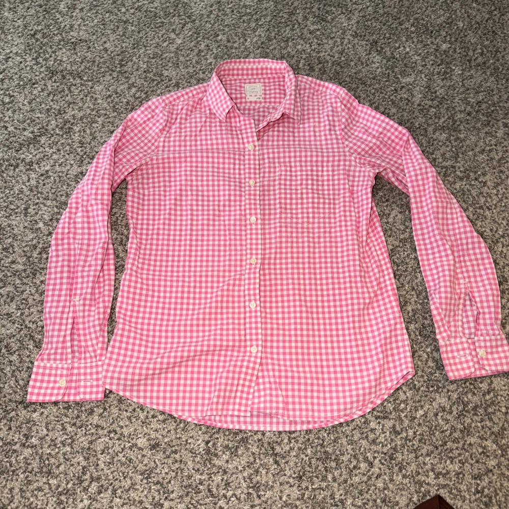 Gap The Fitted Boyfriend Pink Gingham Button Down Shirt Womens XS Long Sleeve